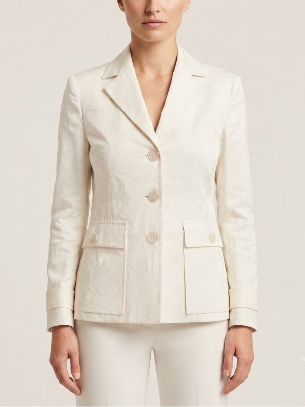 Les Copains Italy Ivory Floral Jacquard Jacket Cotton Blend EU 42 US 8 Luxury